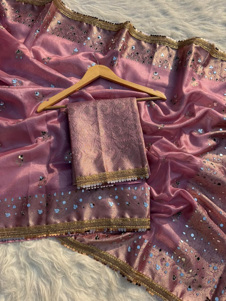 Elegant Tissue Mirror Work Saree with Designer Lace Border