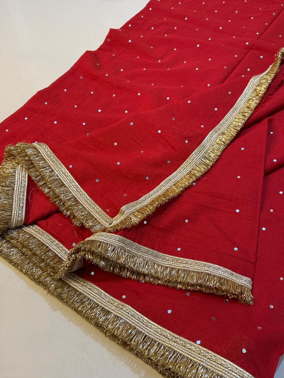 Designer Katan Cotton Banarasi Handwork Mirror and Lace Work Saree
