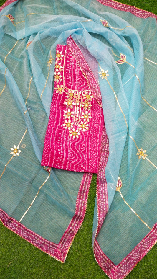 Premium Kota Doria Cotton 3 Pic Unstitched Suit Material with Hand Gota Work & Dupatta