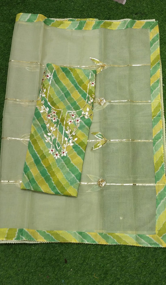 Premium Kota Doria Cotton 3 Pic Unstitched Suit Material with Hand Gota Work & Dupatta