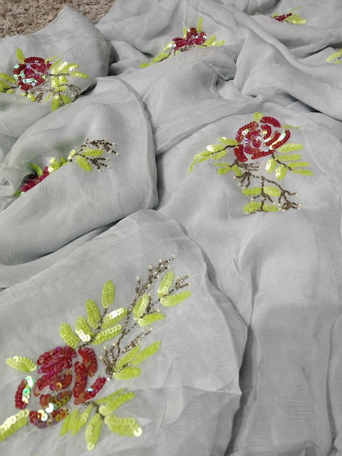 Grey Color Flower motif design pure jaipuri Chiffon Saree