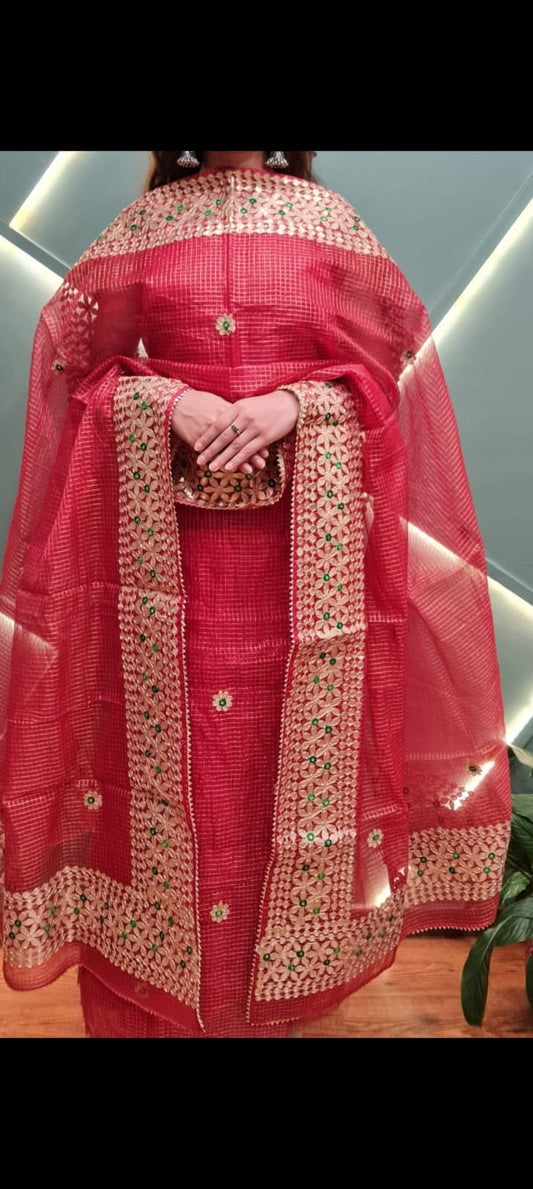 Kota-Doria Unstitched Suit with Embroidey Work