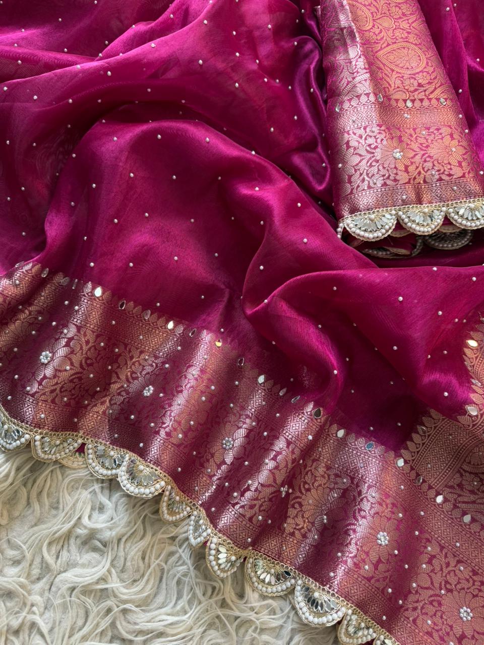 Banarasi Tissue Silk Saree With beautiful borders with beads work