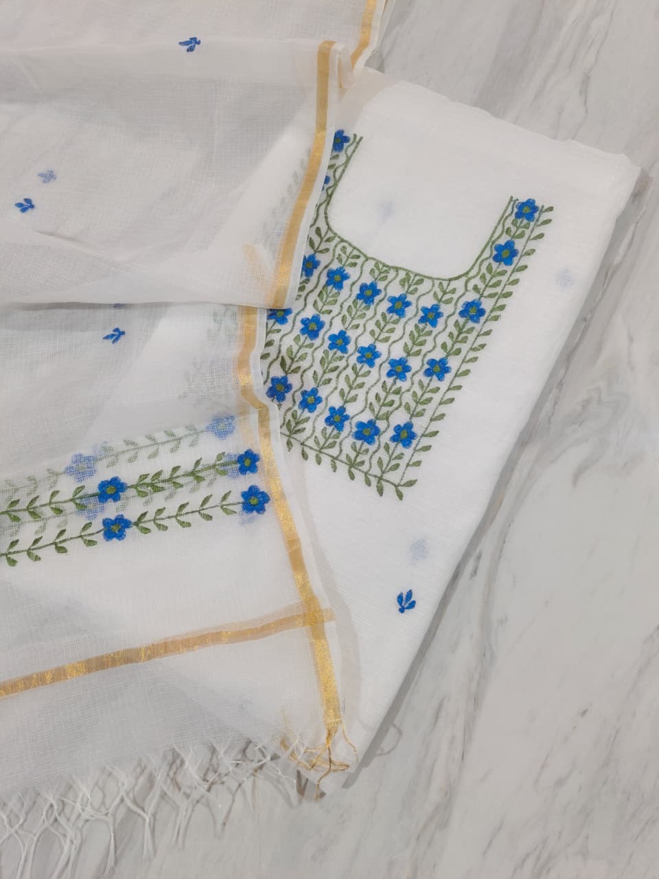 Pure Kota-Doria Unstitched Suit with Embroidery Work