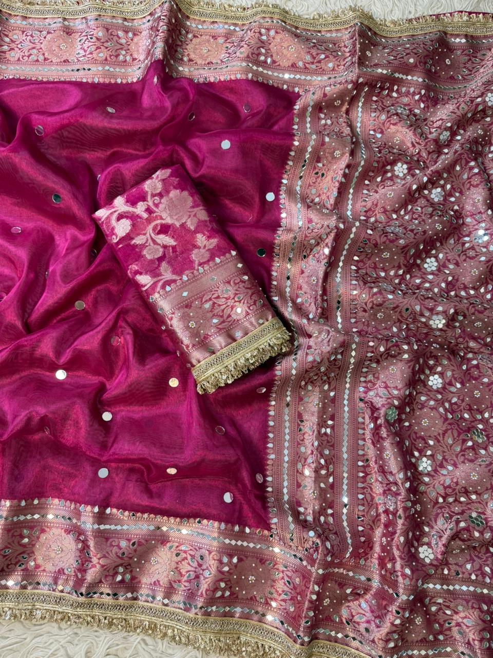 Banarasi Tissue Silk Saree With beautiful  borders with mirror  work