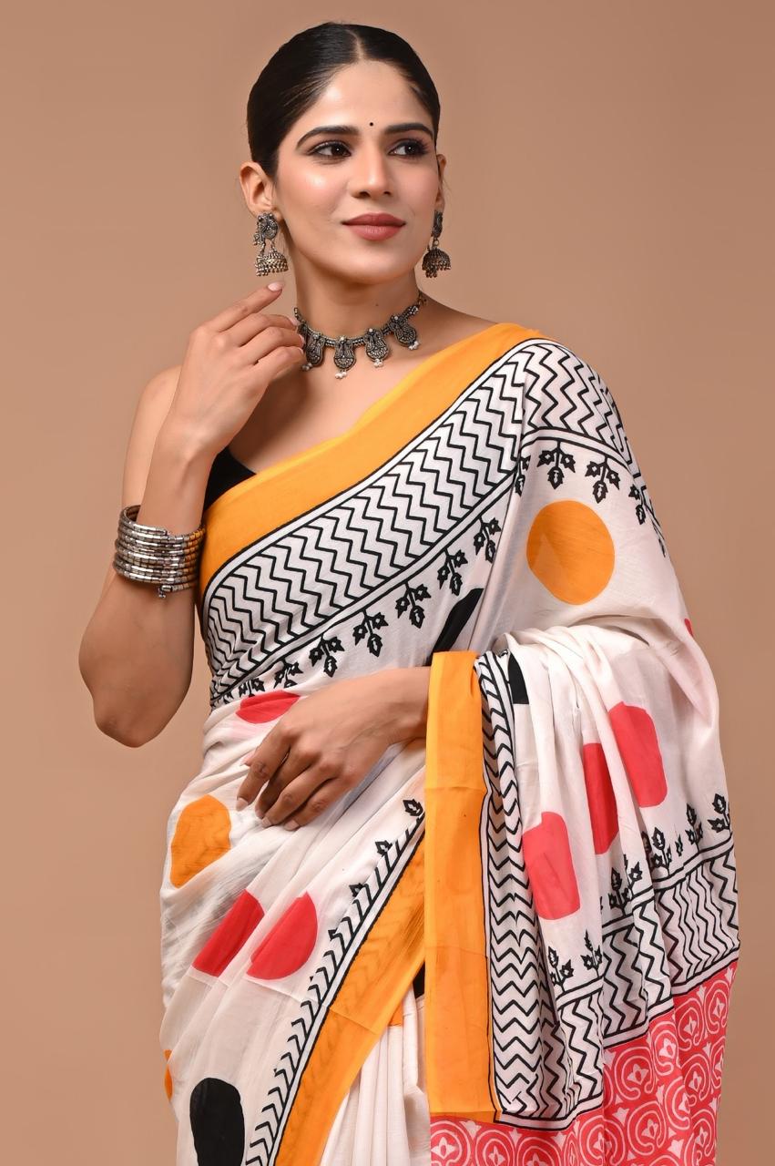 Pure Mulmul Cotton hand block Print Saree with Blouse