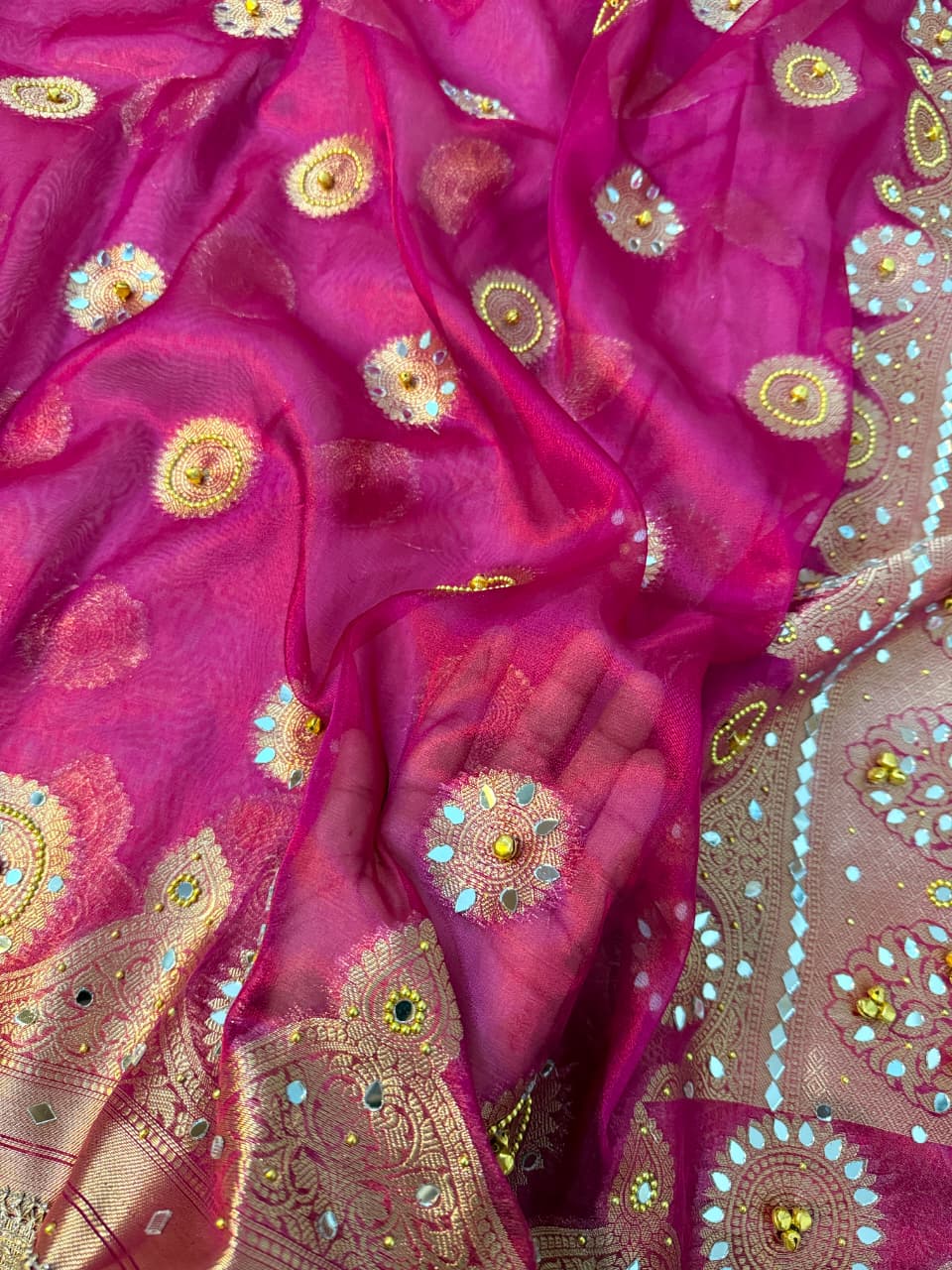 Premium Banarasi Tissue Zari Weaving Saree with Ghungroo Handwork Border