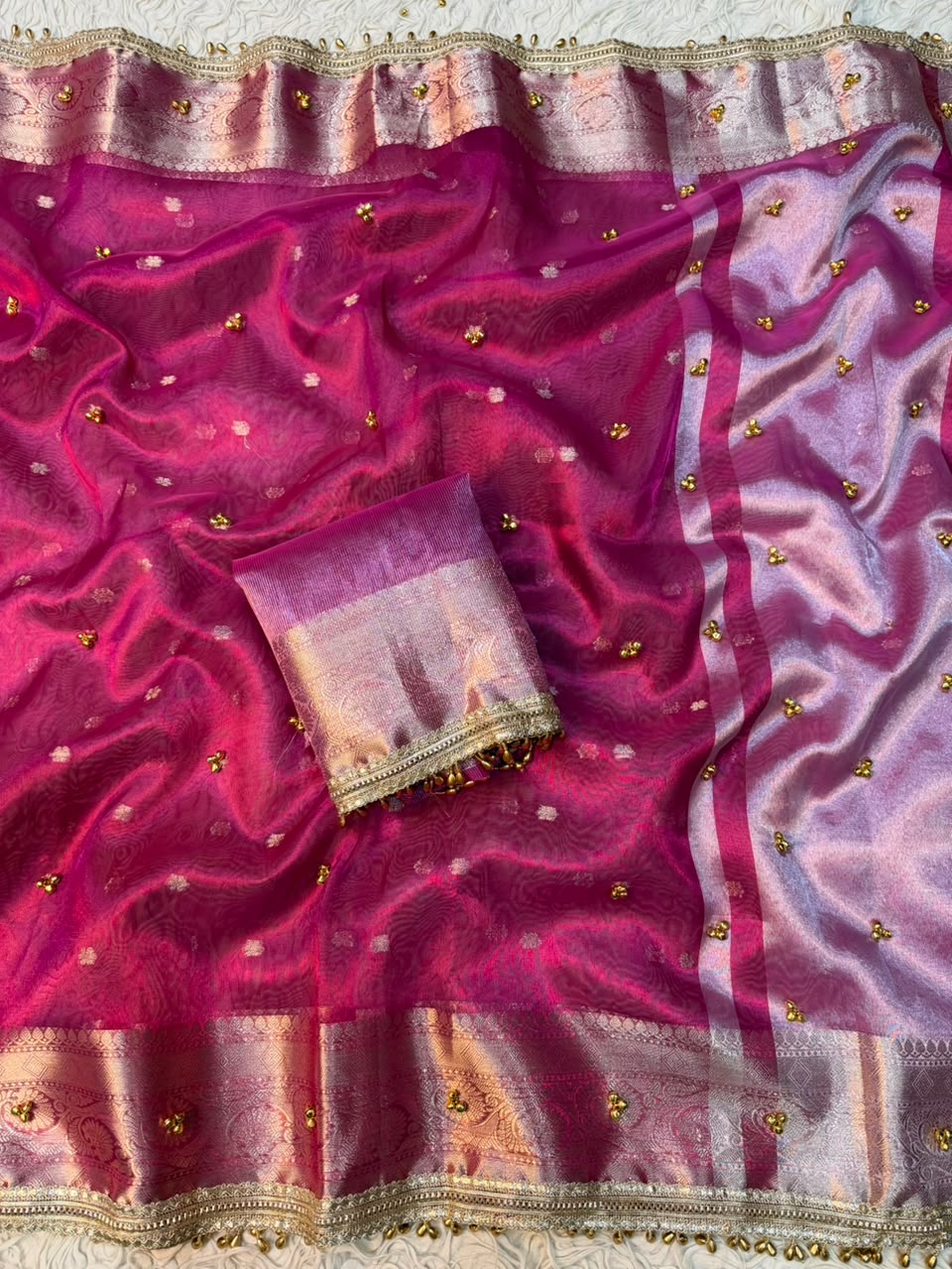 Premium Banarasi Tissue Zari Weaving Saree with Ghungroo Handwork Border
