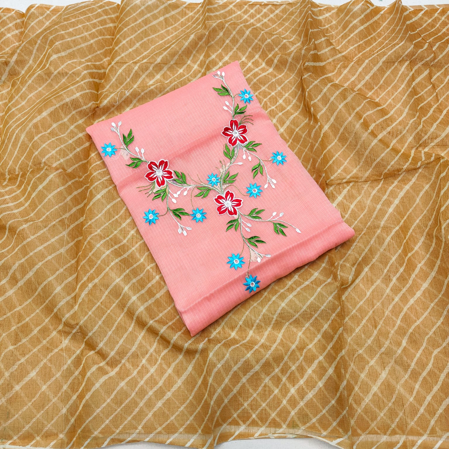 Pure Kota-Doria Unstitched Suit with Embroidery Work