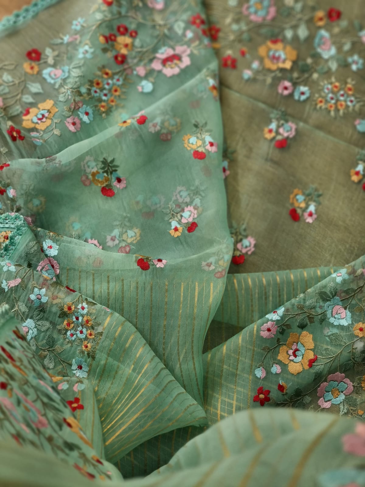 Pure Organza Silk  floral Embroidery Saree with velvet lace and heavy blouse