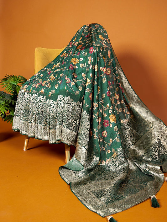 Pure Viscose Kalamkari print and Weaving Work With Tassels saree