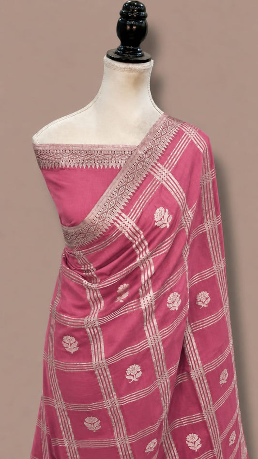Mango Katan Banarasi Soft Silk Saree with Zari Check Weaving and Floral Boota Work
