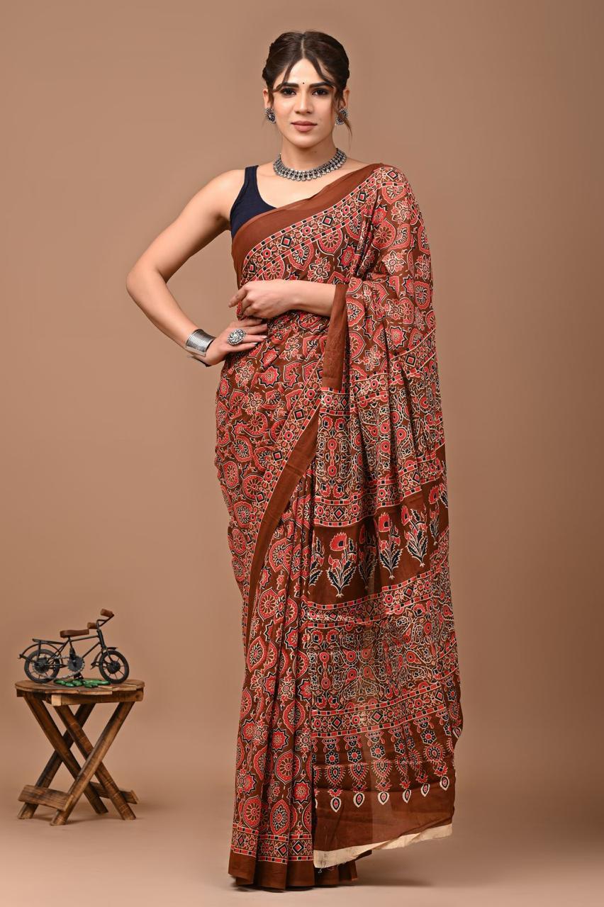 Pure Mulmul Cotton hand block Print Saree with Blouse