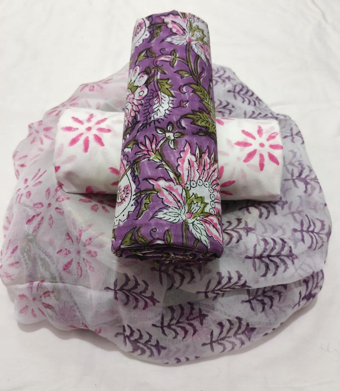 Pure cotton hand-block print suit with Chiffon dupatta