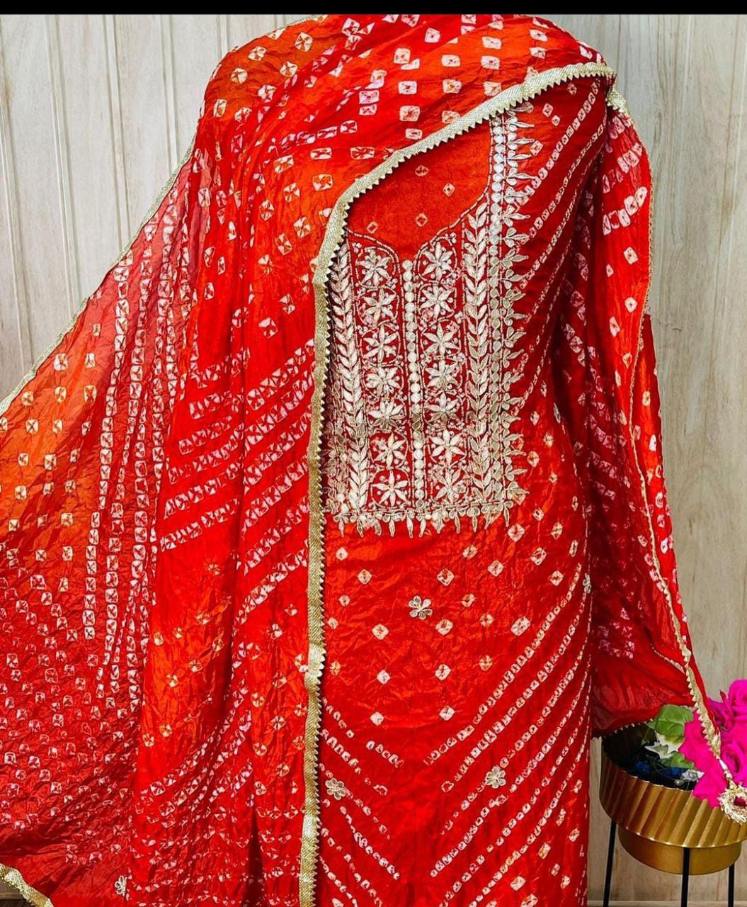 Bandhej Gota patti work Unstitched Suit