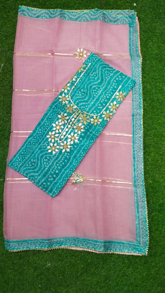 Premium Kota Doria Cotton 3 Pic Unstitched Suit Material with Hand Gota Work & Dupatta
