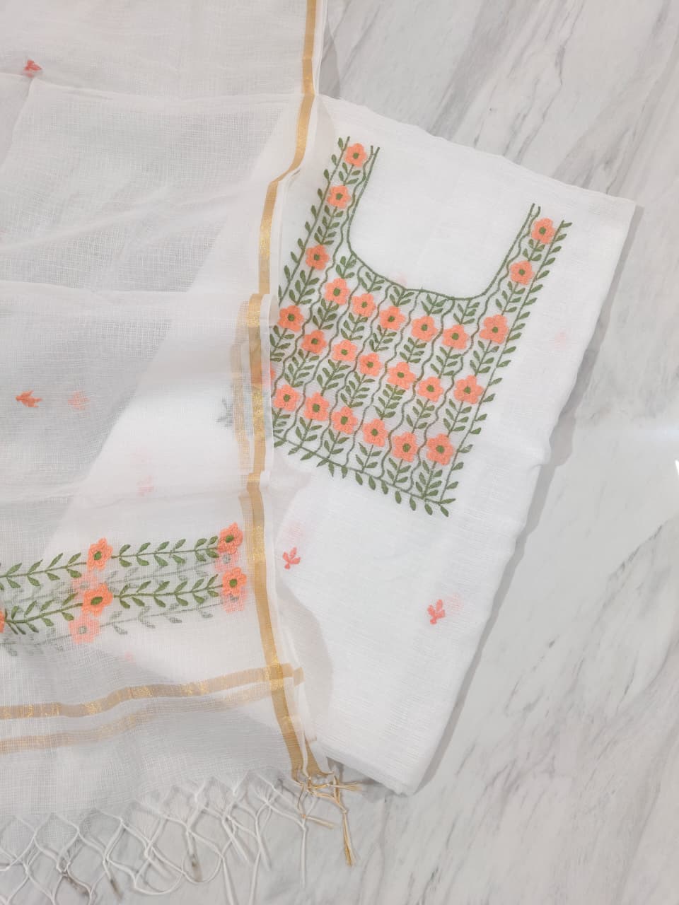 Pure Kota-Doria Unstitched Suit with Embroidery Work