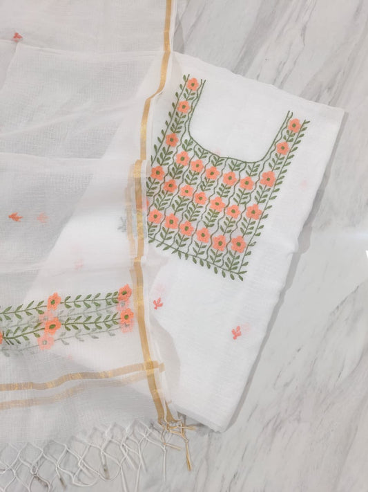Pure Kota-Doria Unstitched Suit with Embroidery Work