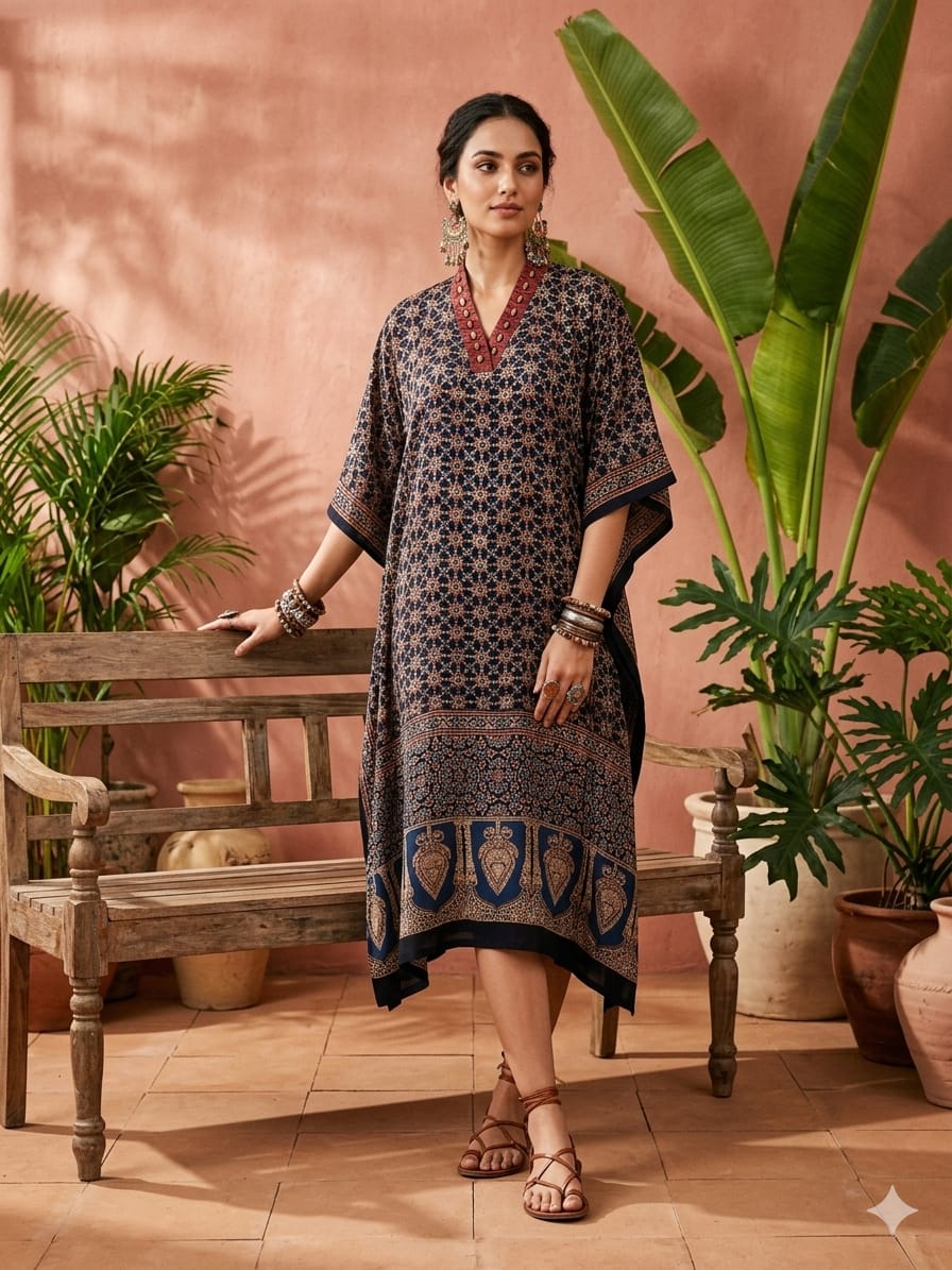 Pure Modal Silk Hand block Printed Kaftans Stitched suit With Hand Mirror Work