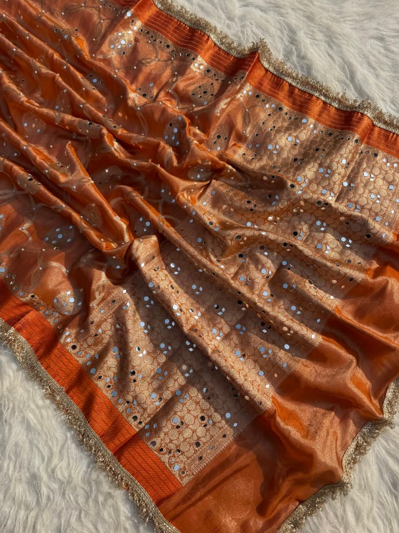 Elegant Tissue Mirror Work Saree with Designer Lace Border