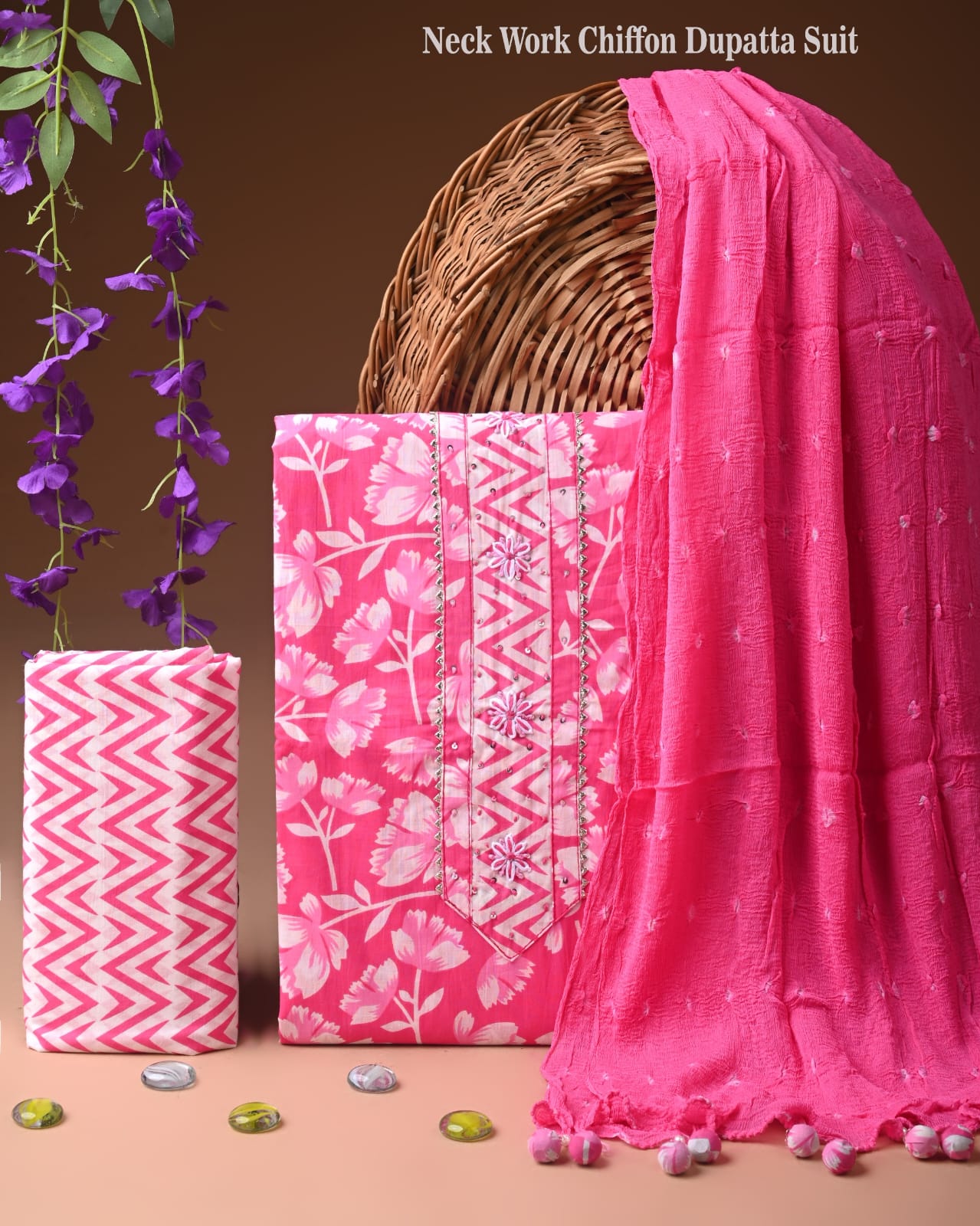 Designer gota patti hand work cotton  unstitched suit with chiffon   dupatta