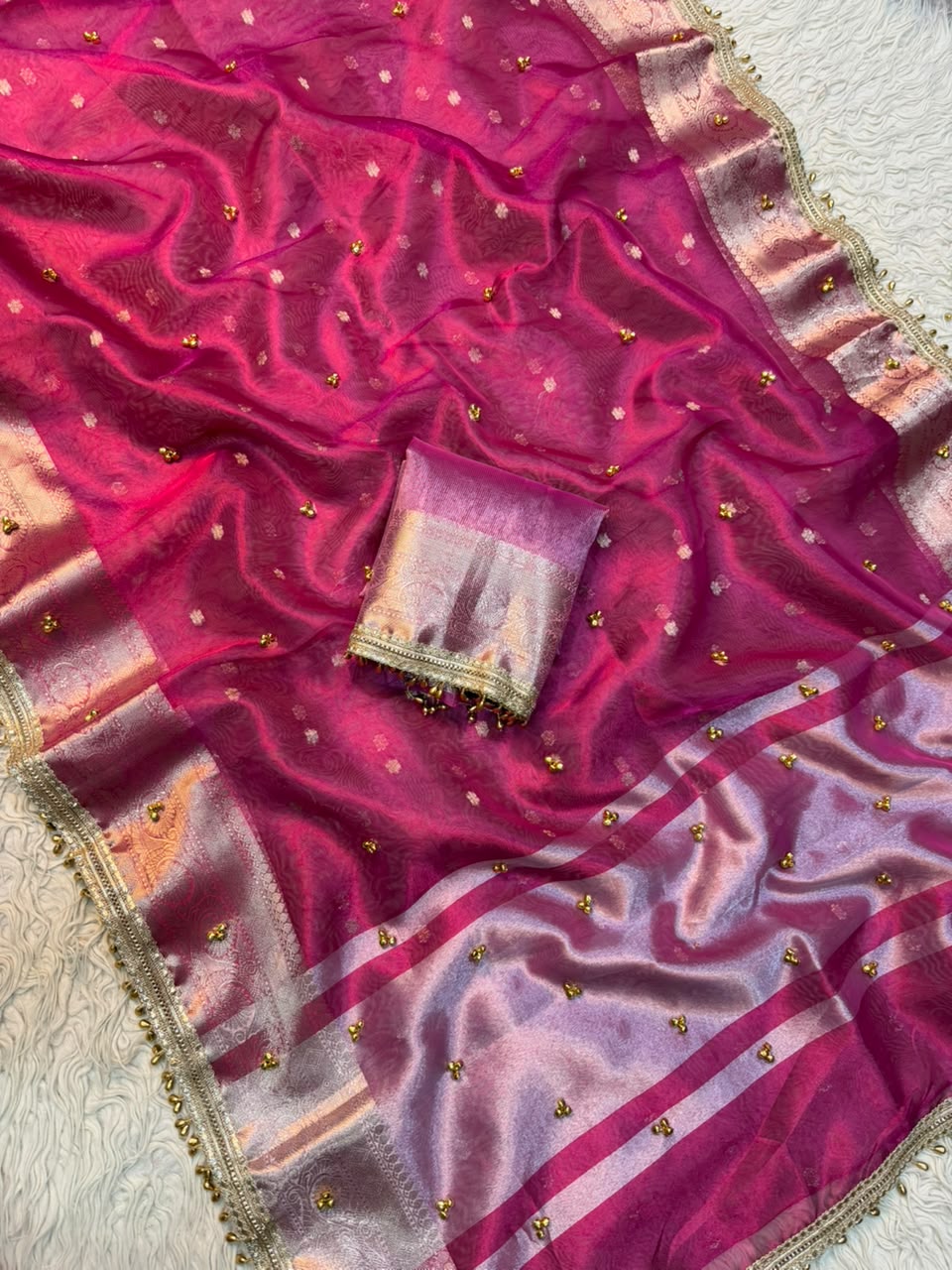 Premium Banarasi Tissue Zari Weaving Saree with Ghungroo Handwork Border