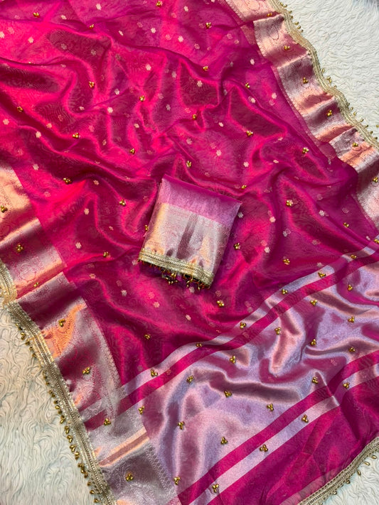 Premium Banarasi Tissue Zari Weaving Saree with Ghungroo Handwork Border