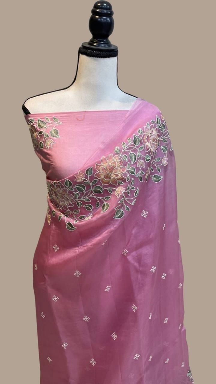 Banarasi Soft Kora Organza Embroidery  Work Saree