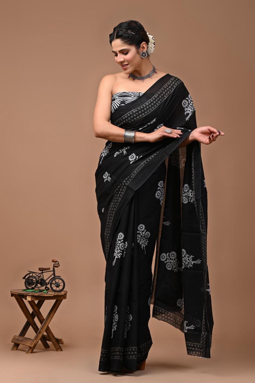 Pure Mulmul Cotton hand block Print Saree with Blouse