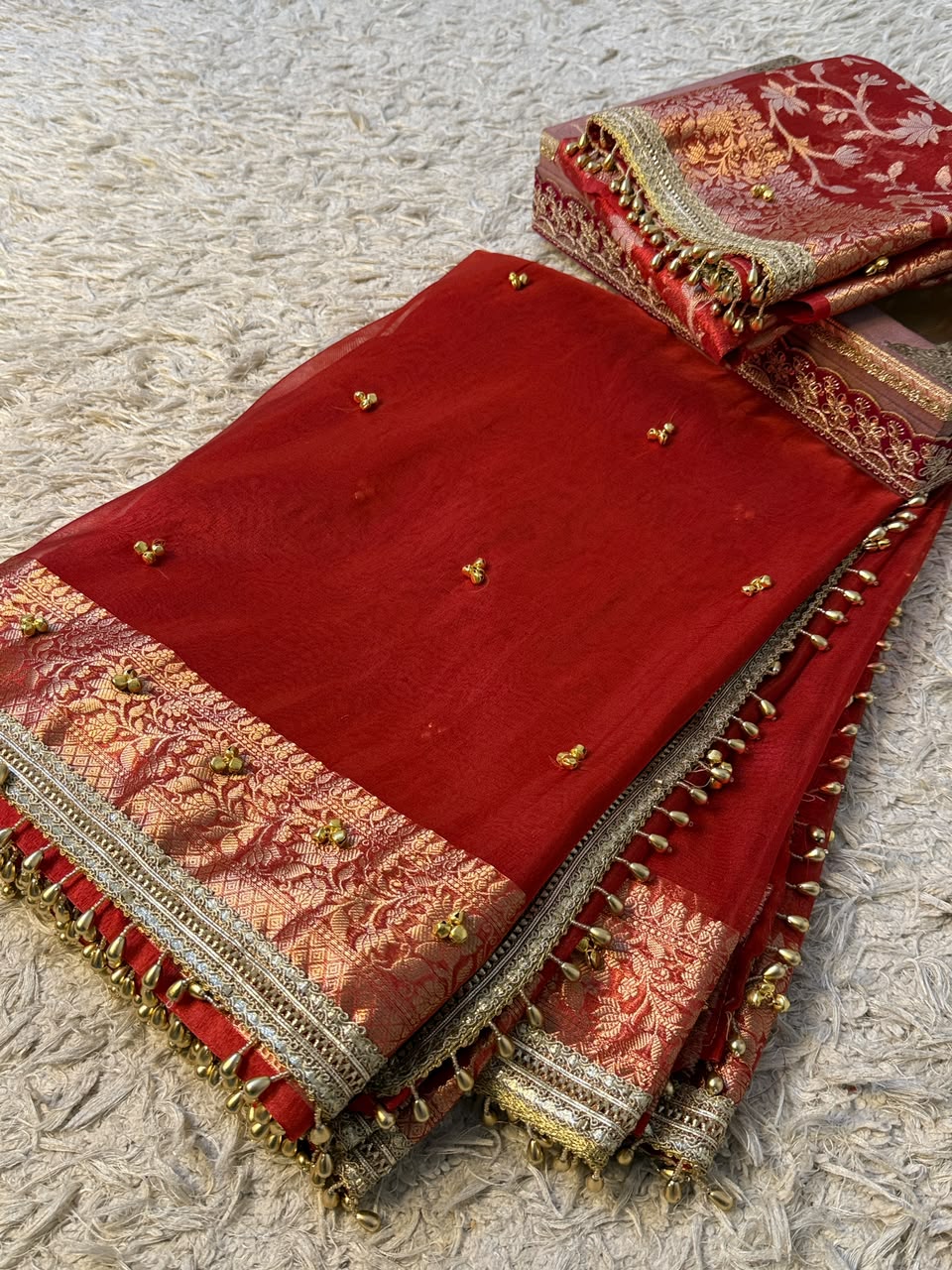 Premium Banarasi Tissue Zari Weaving Saree with Ghungroo Handwork Border