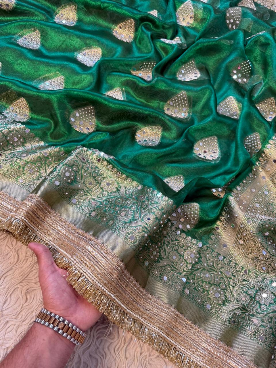 Banarasi Tissue Silk Saree With beautiful  borders with mirror  work