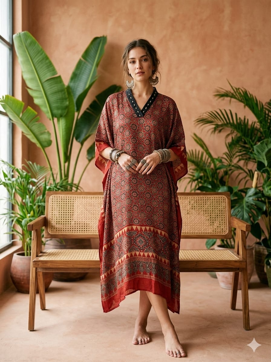 Pure Modal Silk Handblock Printed Kaftans Stitched suit With Hand Mirror Work