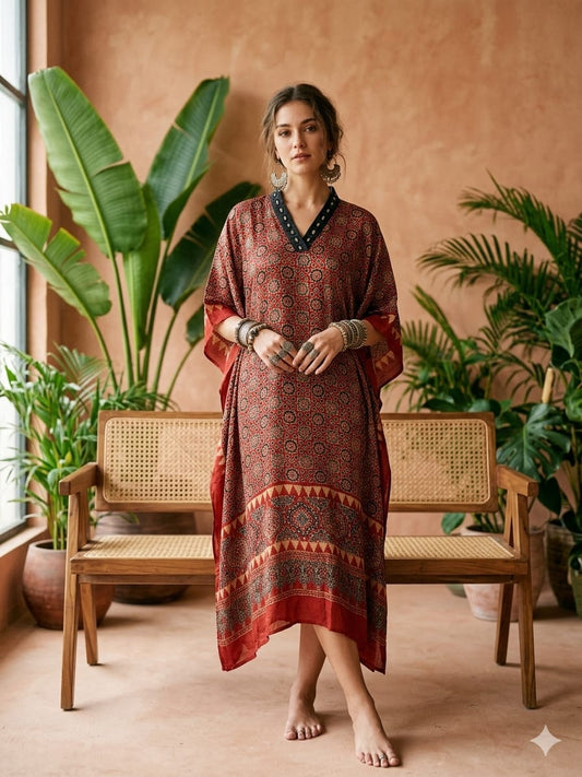 Pure Modal Silk Handblock Printed Kaftans Stitched suit With Hand Mirror Work