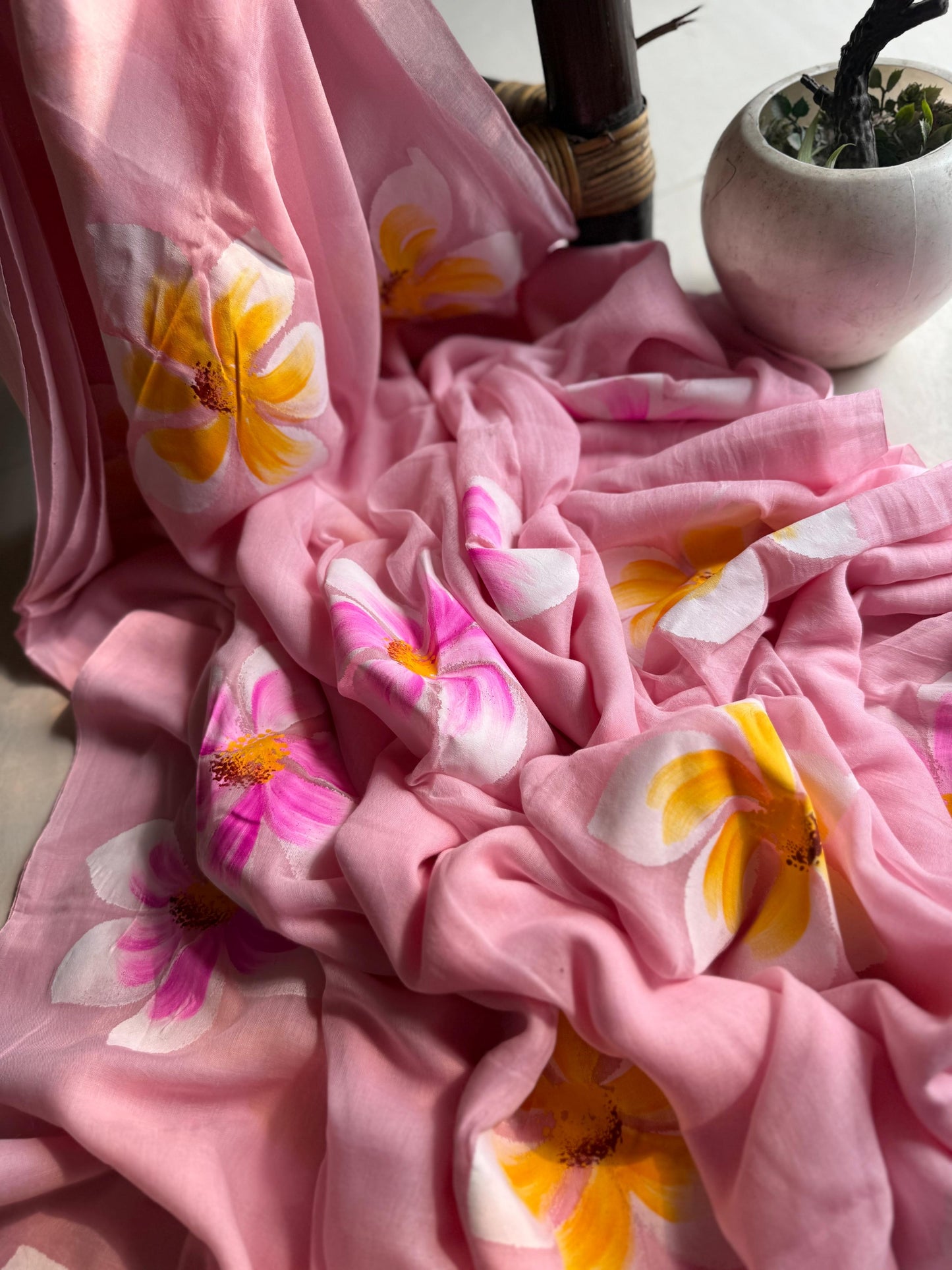 Beautiful Mulmul   Cotton Flowers design Hand Painted Saree
