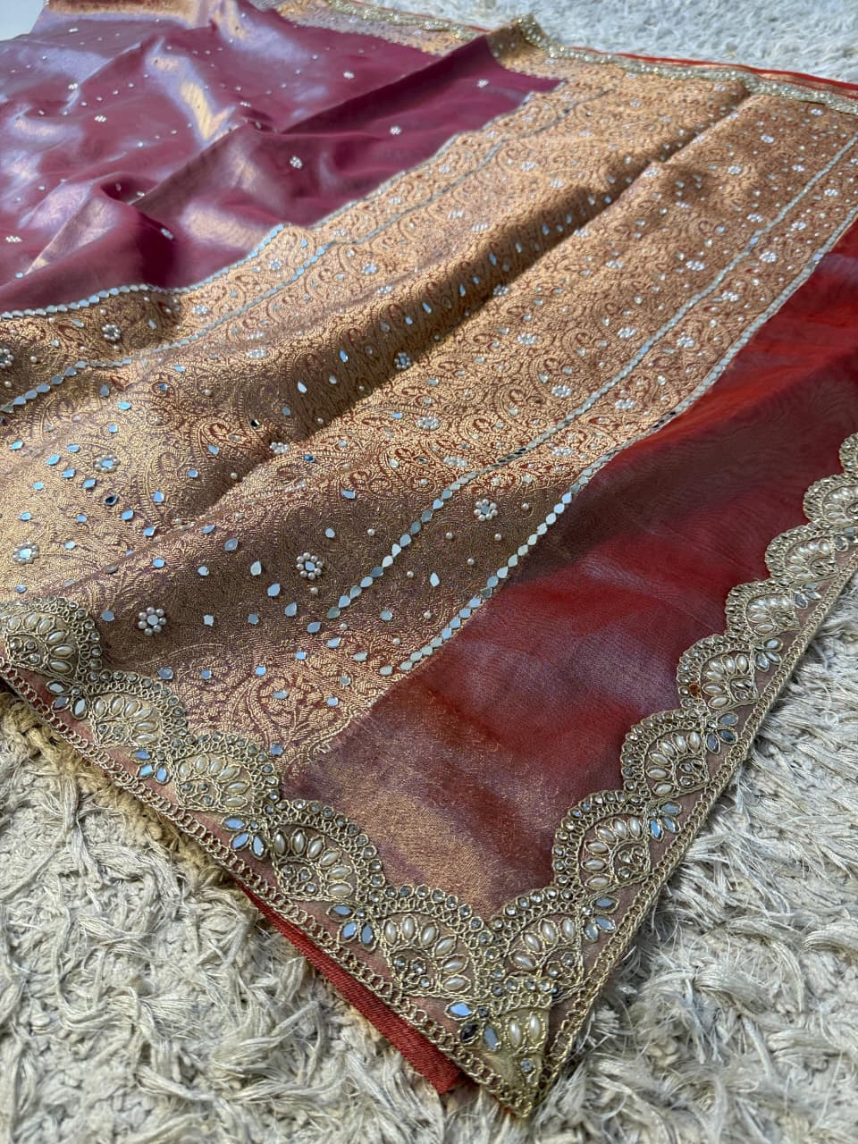 Elegant Tissue Mirror Work Saree with Designer Lace Border
