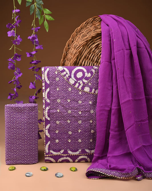 Designer gota patti hand work cotton  unstitched suit with chiffon   dupatta