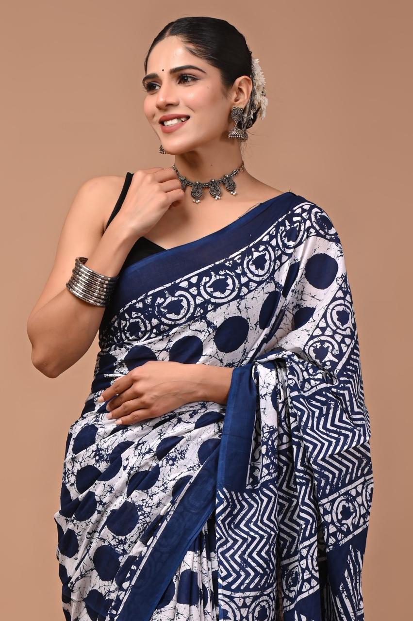 Pure Mulmul Cotton hand block Print Saree with Blouse