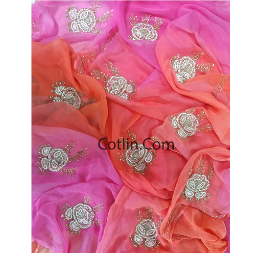 Designer Pure jaipuri Chiffon Saree with 15 Big Flower Motif