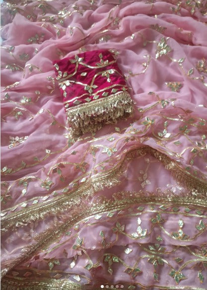 Pure Diamond Chiffon Gota Patti  Work Saree With Blouse