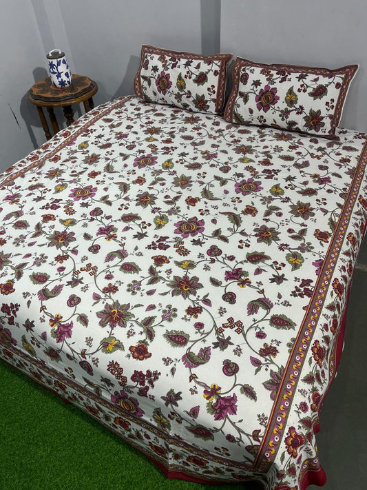 Pure Cotton Hand Block Print Double Bedsheet. ( 90 X 108) with pillow covers