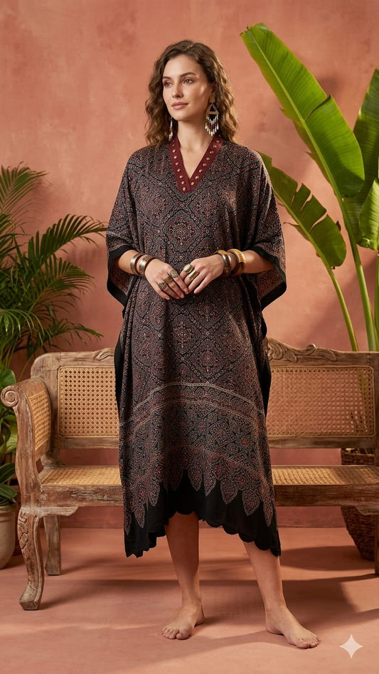 Pure Modal Silk Hand block Printed Kaftans Stitched suit With Hand Mirror Work