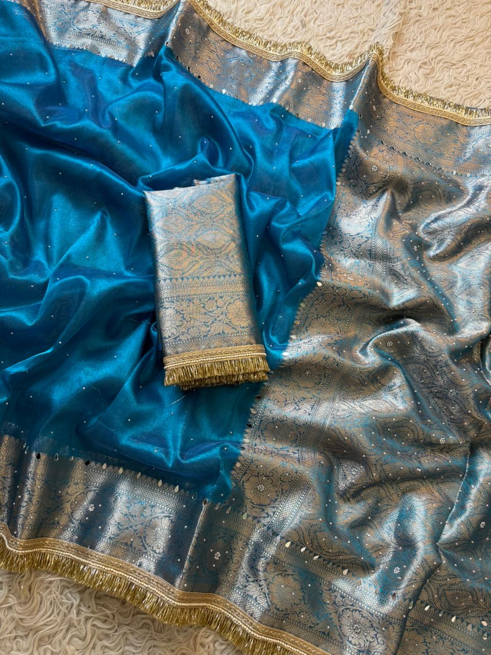 Banarasi Tissue Silk Saree With beautiful borders with beads work