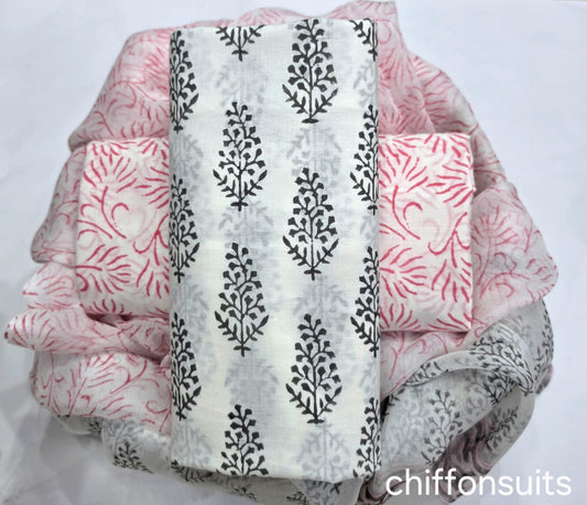 Pure cotton hand-block print suit with Chiffon dupatta