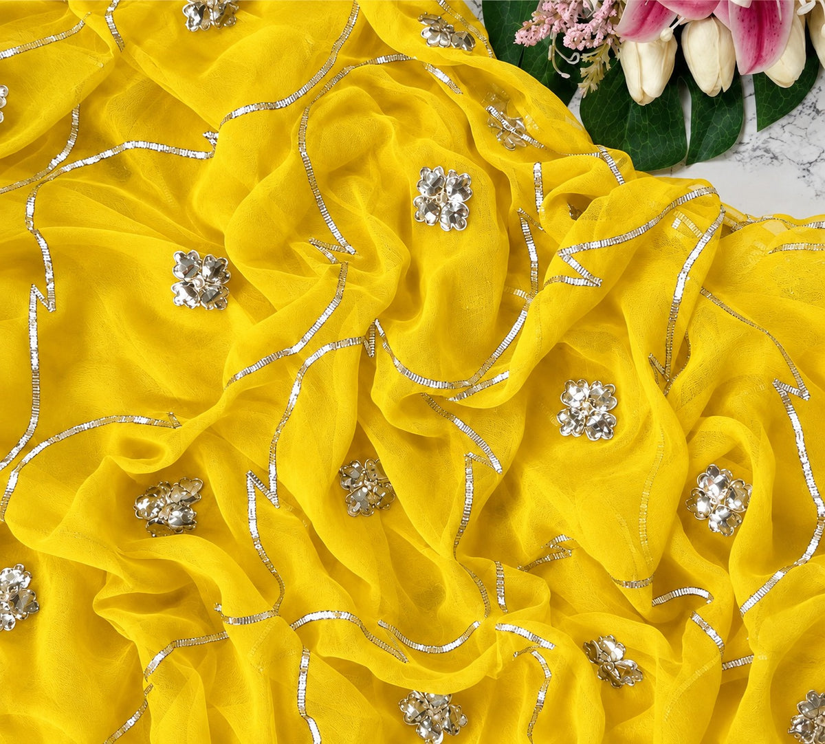 Pure Chiffon Saree with Elegant Gota Patti Work