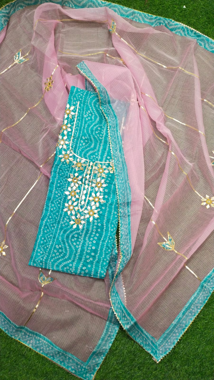 Premium Kota Doria Cotton 3 Pic Unstitched Suit Material with Hand Gota Work & Dupatta