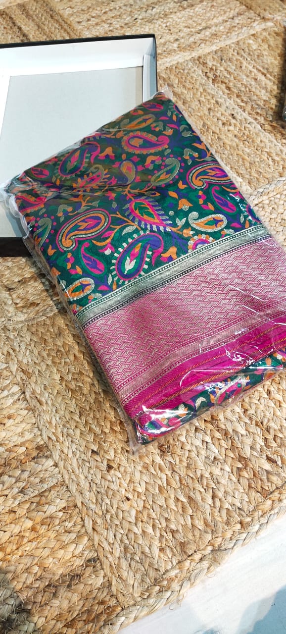 green color Banarasi Handloom Silk Multi Meena Zari Work Saree