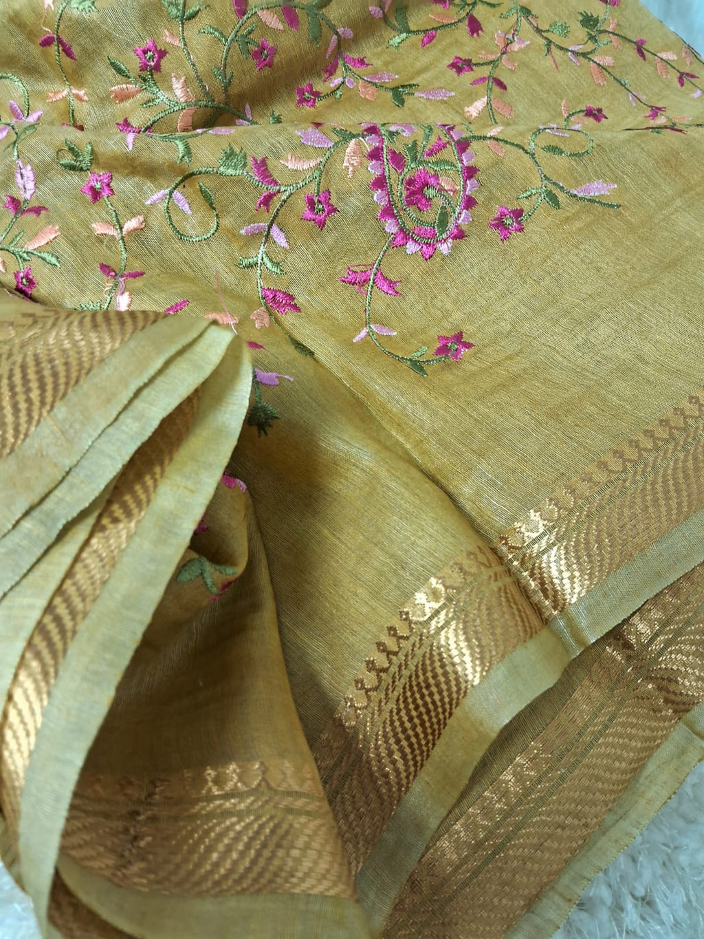 Pure Kota Linen Silk Hand Embroidery Work Saree With Blouse.