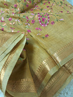 Pure Kota Linen Silk Hand Embroidery Work Saree With Blouse.