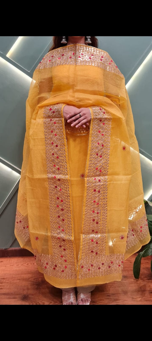 Kota-Doria Unstitched Suit with Embroidey Work