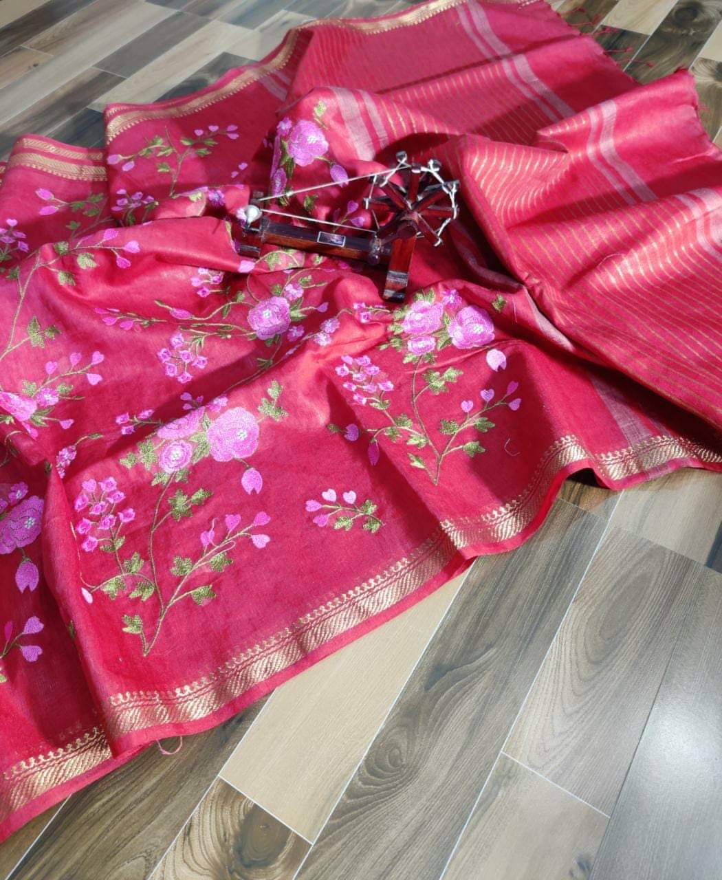 Pure Linen Silk Hand Embroidery Work Saree With Blouse